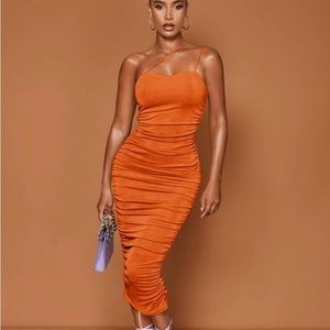 SHEIN BAE One Shoulder Ruched Bodycon Dress in Orange